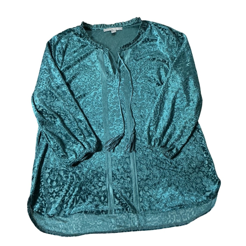 Valerie Stevens Burnout Velvet Damask Blouse Womens Medium Teal Tassel Boho Top